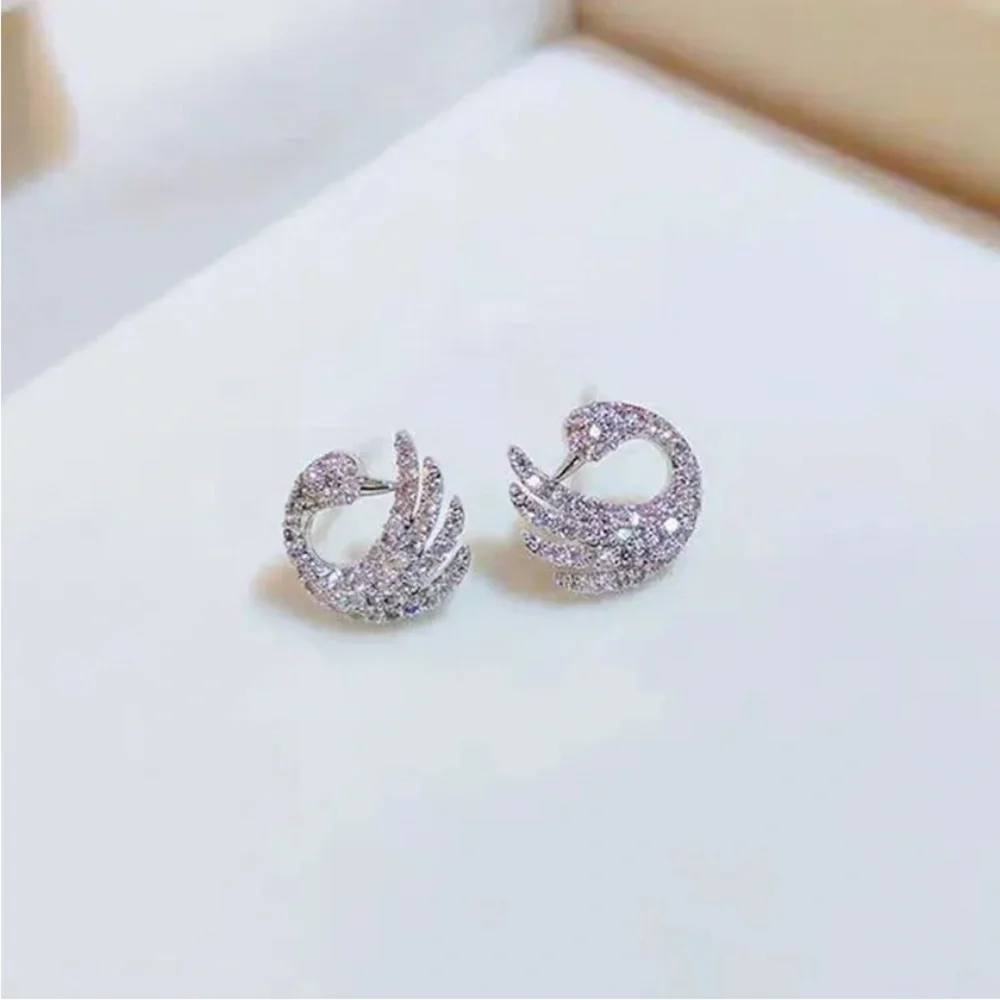 New Sterling Silver White Sapphire Swan Studs